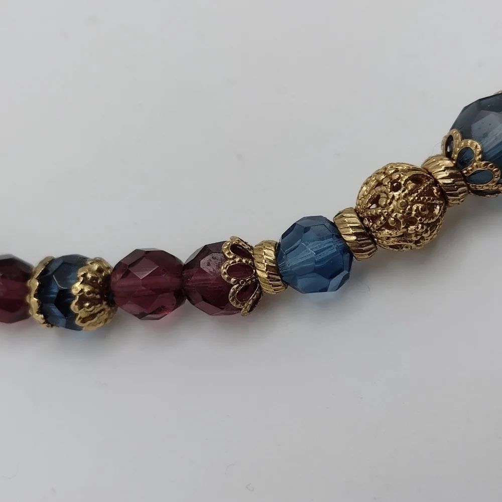 Vintage Style Glass Beaded Necklace Purple Blue and Gold - Picture 3 of 6